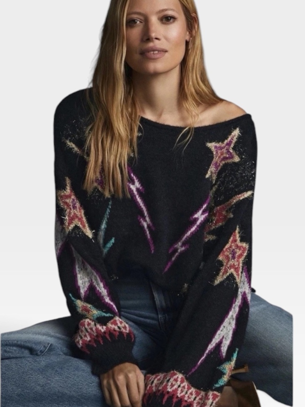 Anthropologie Pilcro Black Sparkle Sweater with Star & Lightning Motifs size med